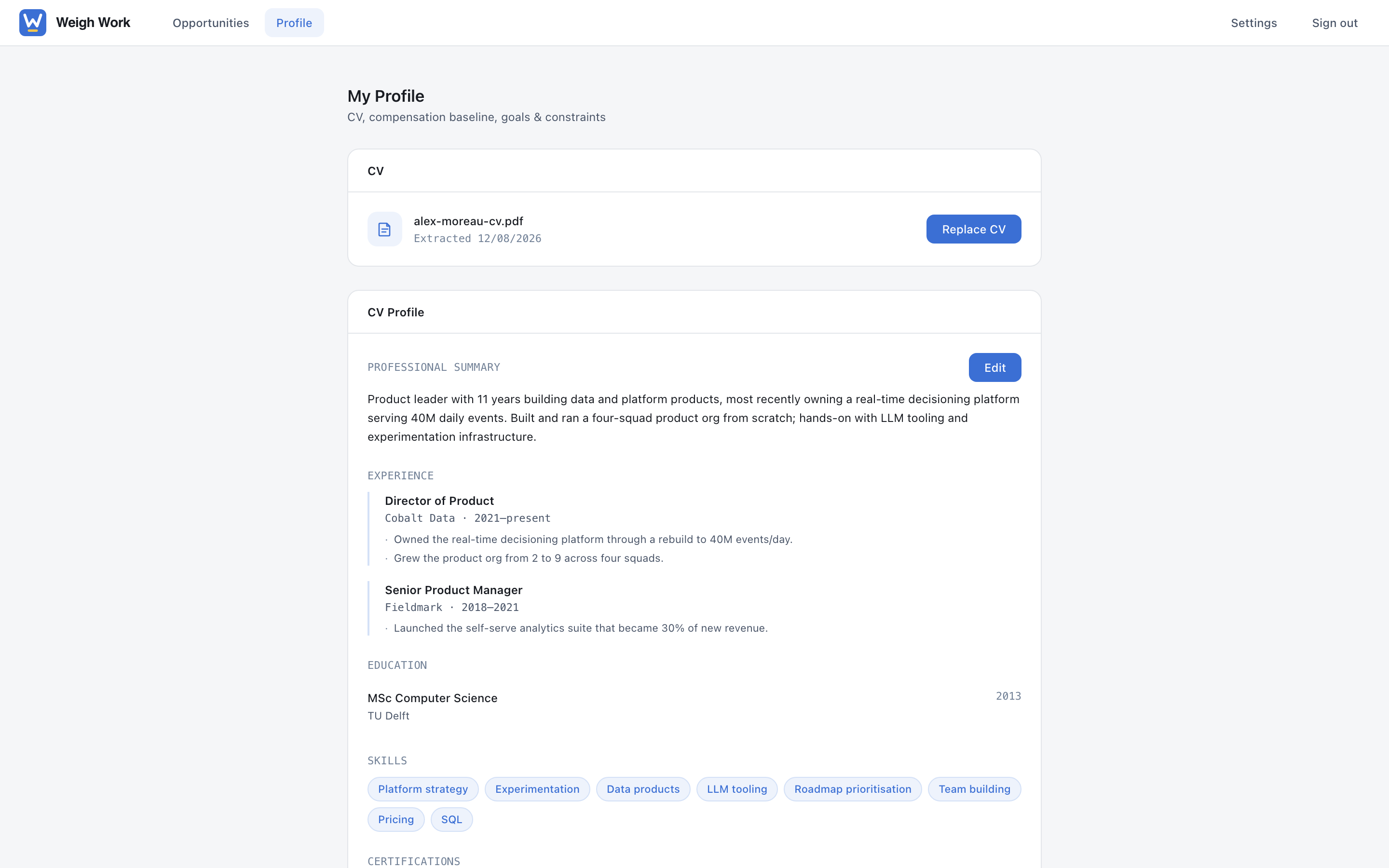 The profile screen showing an imported CV, experience, education and skills